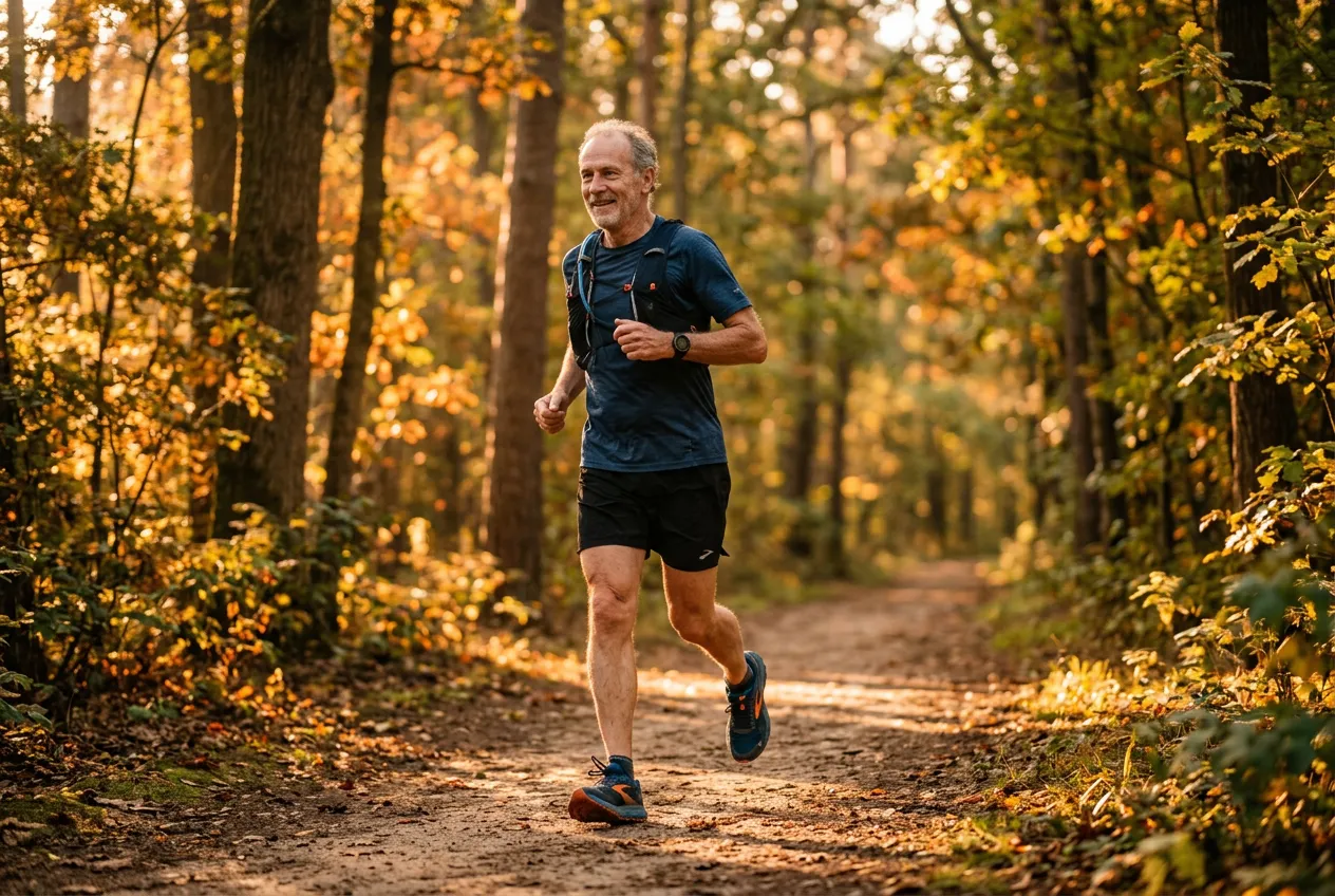 Trail runner at an easy pace on a gentle path at sunrise