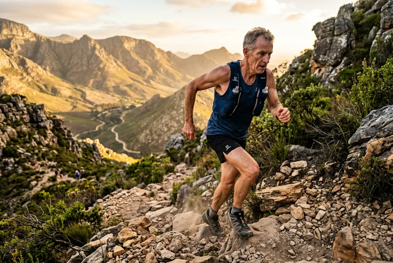 Trail runner powering up a steep hill at sunset