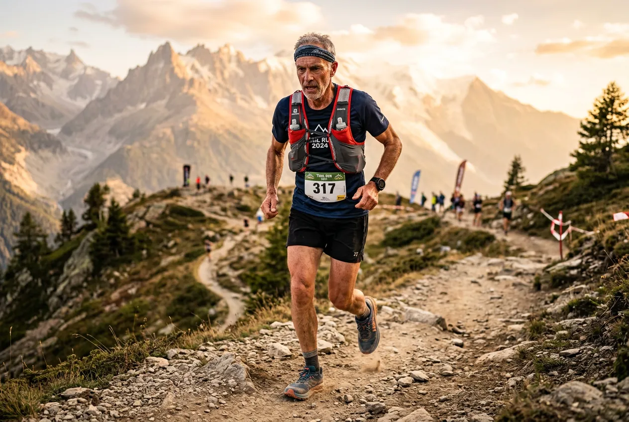 Trail runner in full race gear on a forest trail