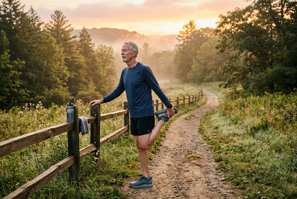Trail runner on a short relaxed recovery jog in misty morning air