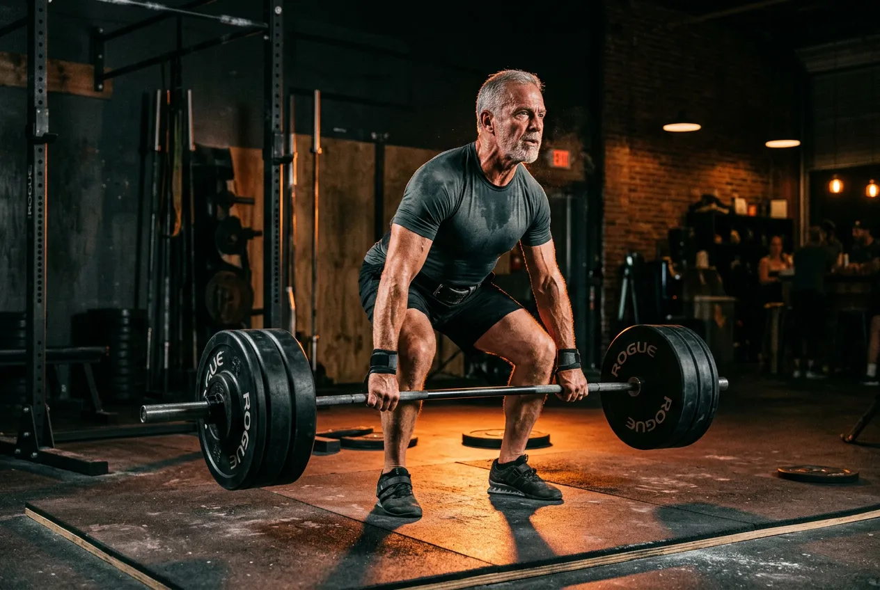 Athlete performing a single-leg squat with a dumbbell in a dark gym